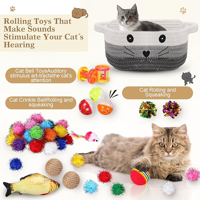 Zopeal 58 Pcs Mother’s Day Cat Storage Basket Gift Toys Set, Colorful Flashing Balls Pet Bell Crinkle Balls Spring Toys Attract Cat to Swat, Hunt, Interactive for Pet(Multicolor,12 Inch)