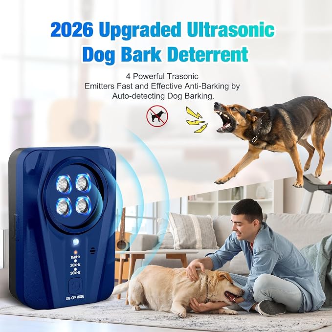 Dog Bark Deterrent Devices, Automatic Anti Barking Device with 4 Ultrasonic Transmitters Long Range 50FT, 3 Mode Rechargble Barking Control Devices, Effective Stop Bark Box Outdoor & Indoor