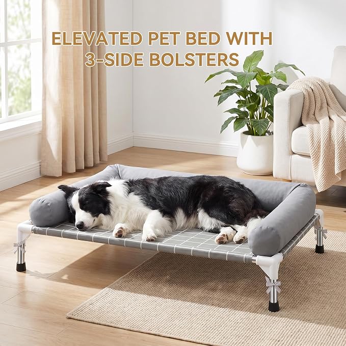 Elevated Dog Bed with 3 Sided Bolster - 32"x26" Raised Pet Cot for Medium Dogs, Stainless Steel Frame Portable Dog Sofa for Indoor, Outdoor, Camping and Patio