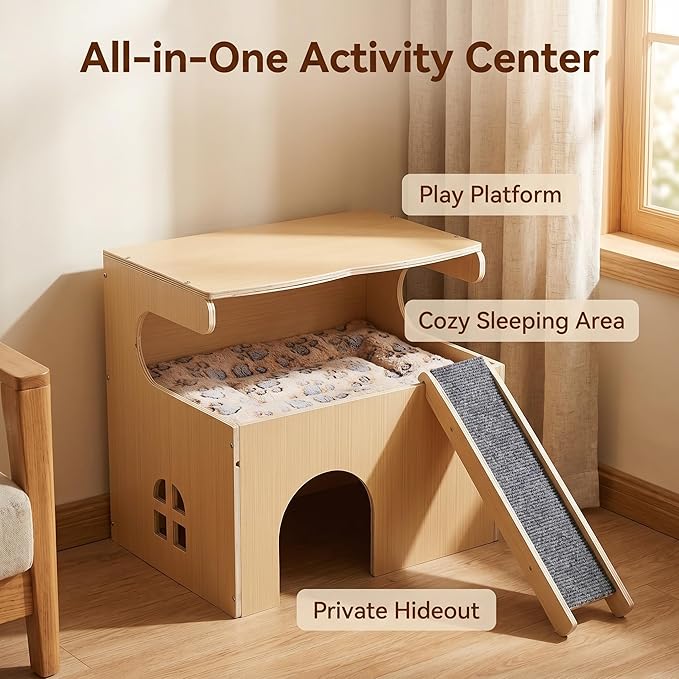 Quazara Guinea Pig Hideout, 2-Tier Thickened Natural Wood Chew Resistant Small Animal House, Pet Shelter with Ramp & Washable Cushion, 10-Min Assembly with Screwdriver, for Guinea Pigs,Hamster