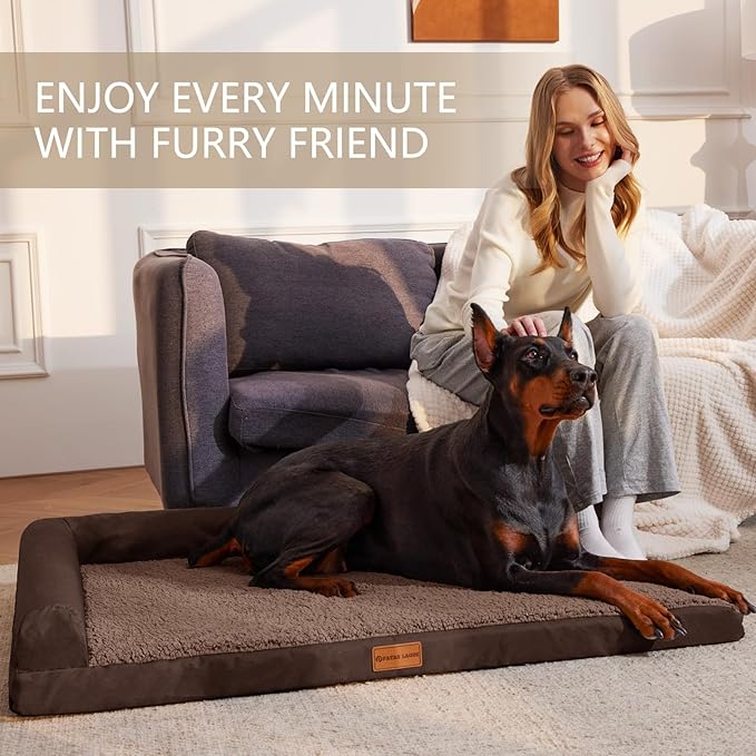 Patas Lague Orthopedic Jumbo Dog Bed for Extra Large Dogs 56''X40'', Waterproof L Bolster Jumbo Pet Sofa Beds with Removable Washable Cover, Soft Pet Couch Crate Mat with Nonskid Bottom, Brown