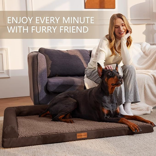 Patas Lague Orthopedic Jumbo Dog Bed for Extra Large Dogs 56''X40'', Waterproof L Bolster Jumbo Pet Sofa Beds with Removable Washable Cover, Soft Pet Couch Crate Mat with Nonskid Bottom, Brown
