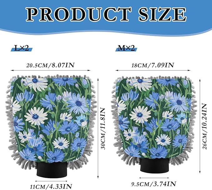 Car Wash Mitt Microfiber Wash Mitts for Car Washing Scratch-Free Cleaning Gloves Soft Non Absorbent Chenille Auto Hand Mitt Large 2Pack Cornflower Green Leaves