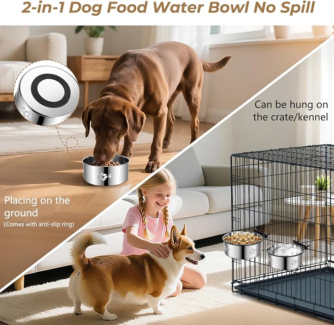 Kennel Bowls Mountable,2 Pack Dog Crate Water Bowl No Spill,Hanging Dog Bowl for Crate Cage,Stainless Steel Dogs Water Feeder Dish for Dogs Cats Bunny Ferret Bird