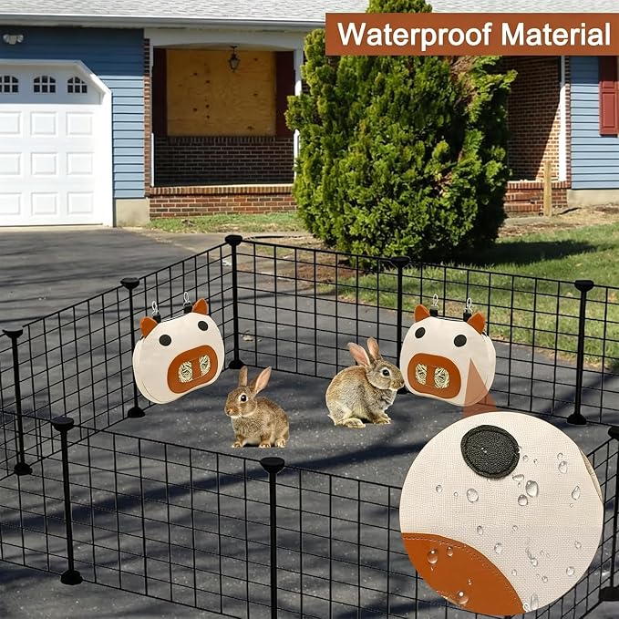 Rabbit Hay Feeder Bag, Hay Feeder for Guinea Pig Timothy Hay Feeder Dispenser Storage with 2 Hanging Hooks for Bunny Small Animal Cage Mess Free (Brown)