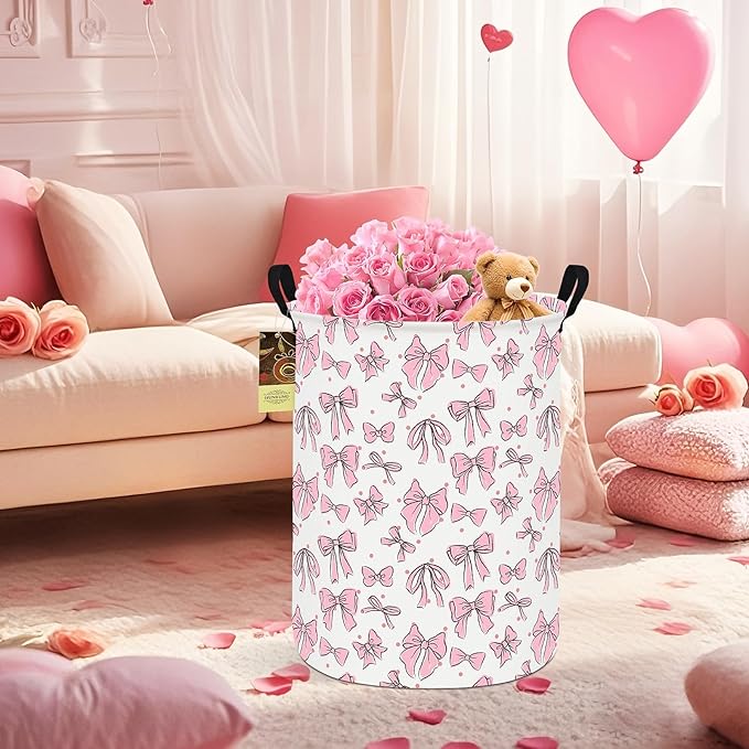 Collapsible Fabric Storage Basket, Waterproof Laundry Hamper with Handles, Round Storage Bin for Clothes Toys, Foldable Organizer for Bedroom Nursery Bathroom(Round-Pink Bow)