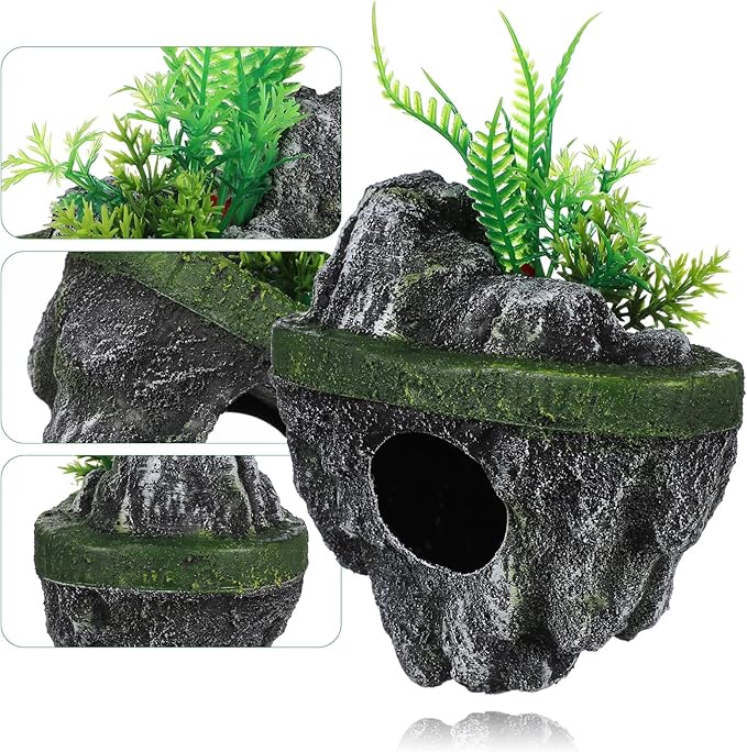 Toddmomy Floating Aquarium Decoration Realistic Resin Rock with Plants Fish Tank Ornament Fish Shelter Hideaway Floating Island for Aquascaping 7.48X5.31X4.33In