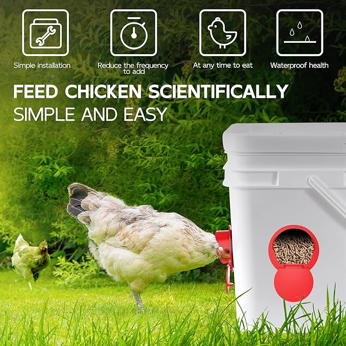 Chicken Feeder Port 12 Pack - No Waste DIY Poultry Feeding Kit with Stopper Lid & Hole Saw, Reusable Rain Proof Automatic Coop Gravity Feeder for Hens Ducks Geese (Red)