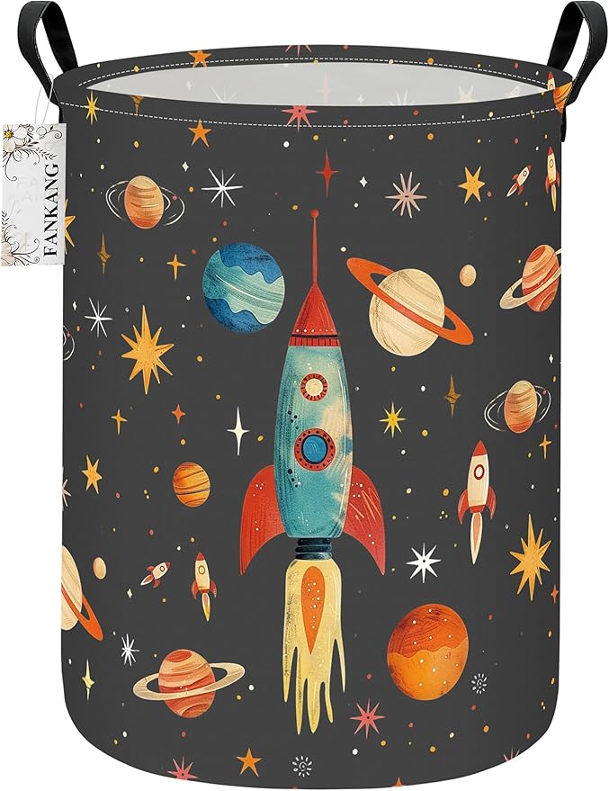 Storage Basket, Nursery Hamper Canvas Laundry Basket Foldable with Waterproof PE Coating Large Storage Baskets for Kids Boys and Girls, Office, Bedroom, Clothes,Toys(Space rocket)