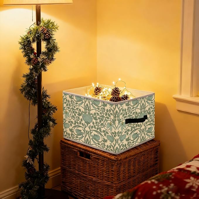 Vintage Green Art Nouveau Floral Storage Bins, Green Vine Flower Botanical Foldable Closet Organizers Storage Basket Toybox for Clothes Bed Sheets Blankets Toys