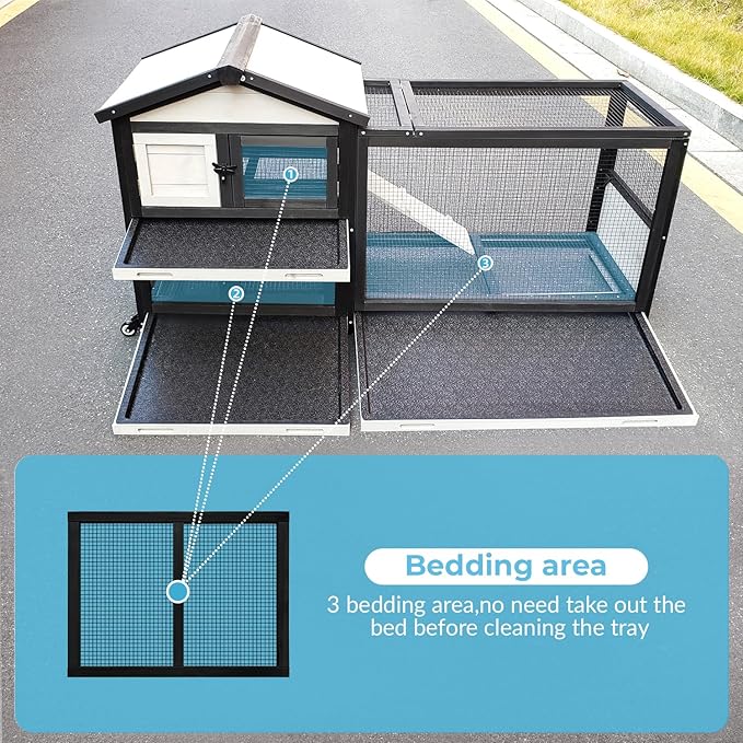 53 inches Wooden Rabbit Hutch for Small Animals with 2 Rolling Wheels Indoor Outdoor Pet Cage (Medium) Bunny Cages with Removable Trays and Bedding Area Waterpoof roof
