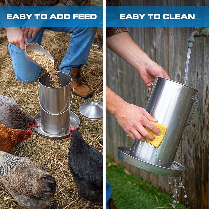 Plexon 8.8 Lb Stainless Steel Hanging Chicken Feeder no Waste Food-Grade - Duck Turkey Poultry Feeder for Chicken Metal - Heavy Duty Reliable Long-Lasting with Handle