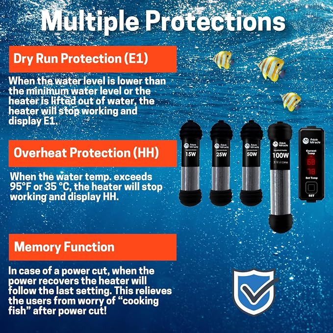 AquaMiracle Upgraded 25W Small Aquarium Heater Fish Tank Heater Turtle Heater Super Mini Aquarium Heater, Dry-Run/Overheating Protection and Memory Function, Dual LED Display, for 3-5 Gal Tanks
