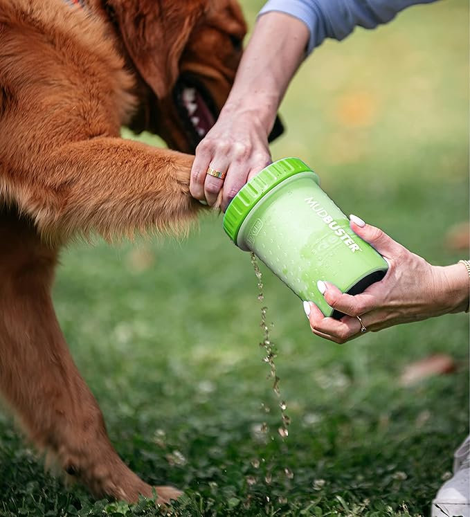 Dexas MudBuster Medium Dog Paw Cleaner in Green - Fits 1.5"-2.5" Wide Paws, Portable Paw Washer for Muddy Paws, Dog Paw Cleaning Cup with Gentle Silicone Bristles, Quick Clean Pet Paw Washer
