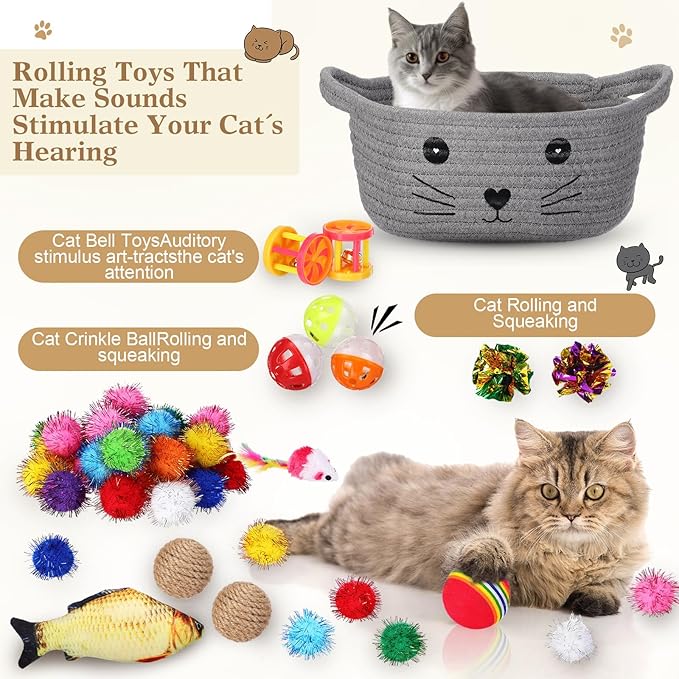 Zopeal 58 Pcs Mother’s Day Cat Storage Basket Gift Toys Set, Colorful Flashing Balls Pet Bell Crinkle Balls Spring Toys Attract Cat to Swat, Hunt, Interactive for Pet(Grey,9.8 Inch)