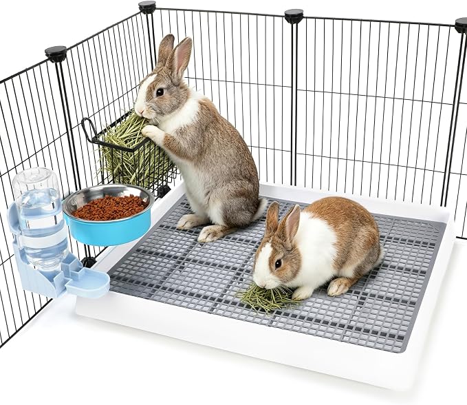 FHTONGE 4 in 1 Ultra Large Rabbit Litter Box with Feeder for Cage, Metal Hay Rack&Trainer Tray&Water Bottle&Food Bowl, Bunny Toilet Training Pan and Feeder Combo for Guinea Pig Ferret Rodent Squirrel