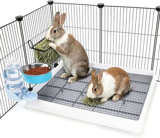 FHTONGE 4 in 1 Ultra Large Rabbit Litter Box with Feeder for Cage, Metal Hay Rack&Trainer Tray&Water Bottle&Food Bowl, Bunny Toilet Training Pan and Feeder Combo for Guinea Pig Ferret Rodent Squirrel
