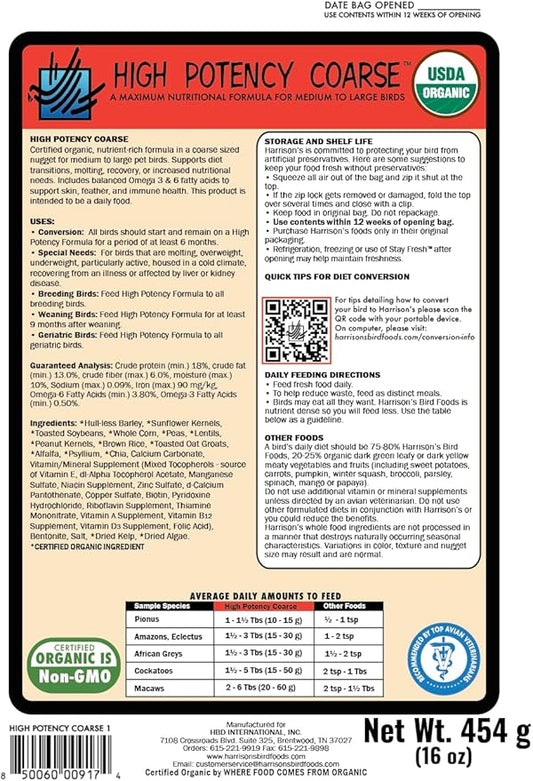 Harrison's Bird Foods High Potency Coarse—Maximum Nutritional Formula for Small to Medium Birds, Certified Organic Non-GMO Pet Bird Food, Vet-Developed, Suitable for All Life Stages, 454 g/ 1 lb
