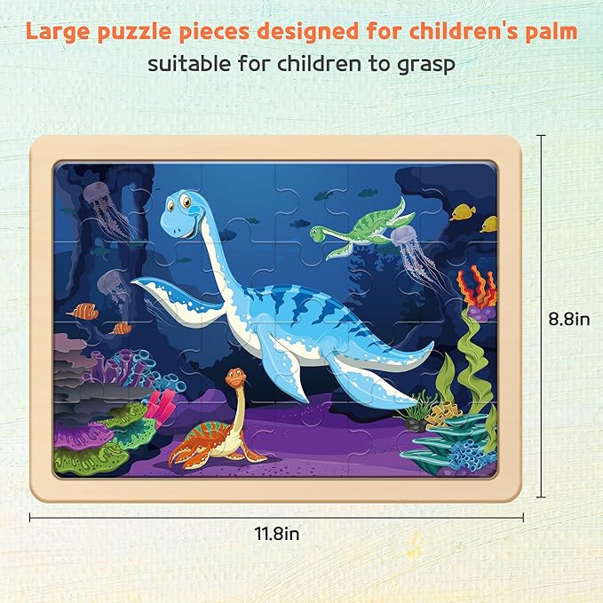 SYNARRY Large Dinosaur Wooden Puzzles for Kids 4 in 1 Gift Box(12.2 * 9.4 in), Jigsaw Puzzles for Kids Ages 4-6, Wood Puzzles for Kids Ages 3-5, Dinosaur Toys Gifts for 3 4 5 Year Old Boys Girls