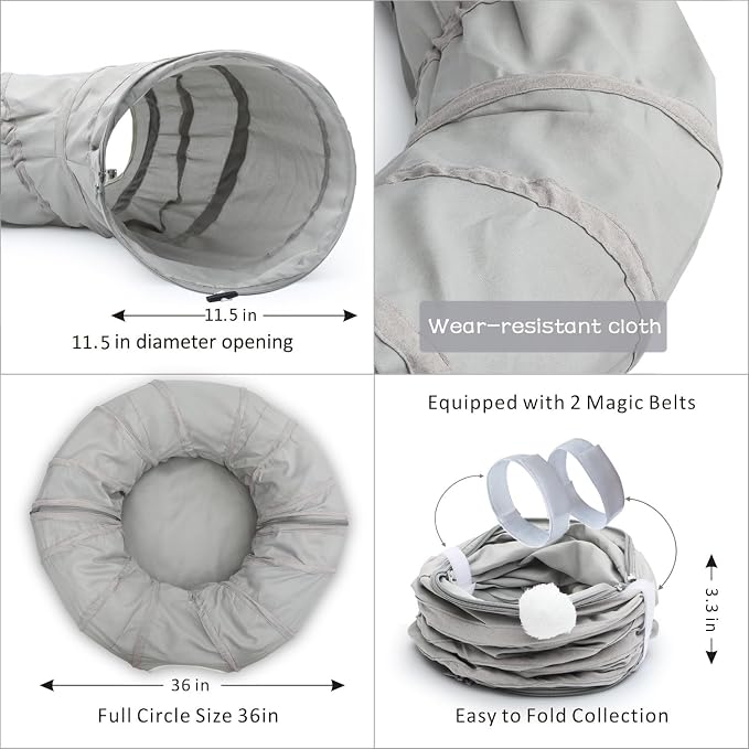AUOON Cat Tunnel Bed for Indoor Cats - Large Cat Donut Tunnel with Hanging Ball Toy, Collapsible 2-in-1 Multifunctional Interactive Cat Toy for Kitten, Puppy, Rabbit, Ferret (Light Grey)