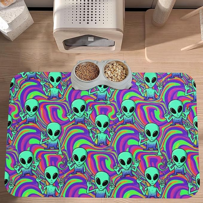 Dog Food Mat Cool Alien Tie Dye Dog Food Mat Non Slip Waterproof Dish Placemat