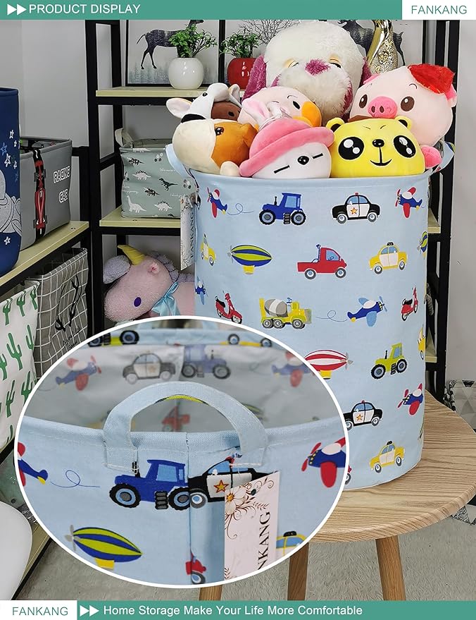 Storage Basket, Nursery Hamper Canvas Laundry Basket Foldable with Waterproof PE Coating Large Storage Baskets for Kids Boys and Girls, Office, Bedroom, Clothes,Toys（Car）