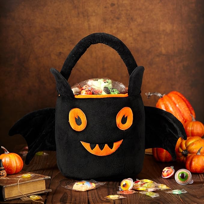 Halloween Plush Treat Basket, Halloween Candy Basket, Trick-or-Treat Bag( Black Orange Bat)