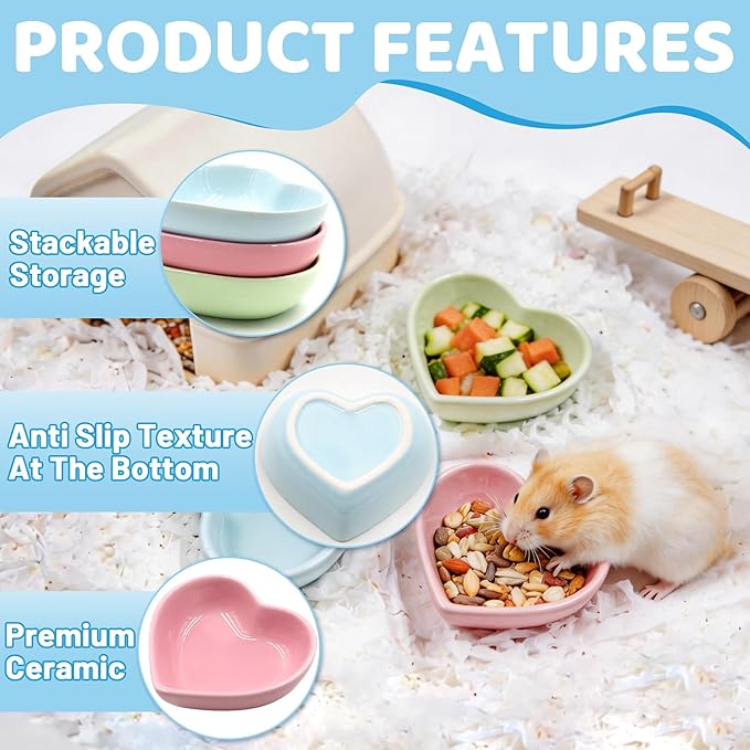 3 Pack Ceramic Hamster Food Bowl Anti-Turning Heart Hamsters Water Dish Cute Small Animals Bowl for Rabbits Chinchillas Guinea Pig Rat Hedgehog Parrots Small Animals (3 Colors)