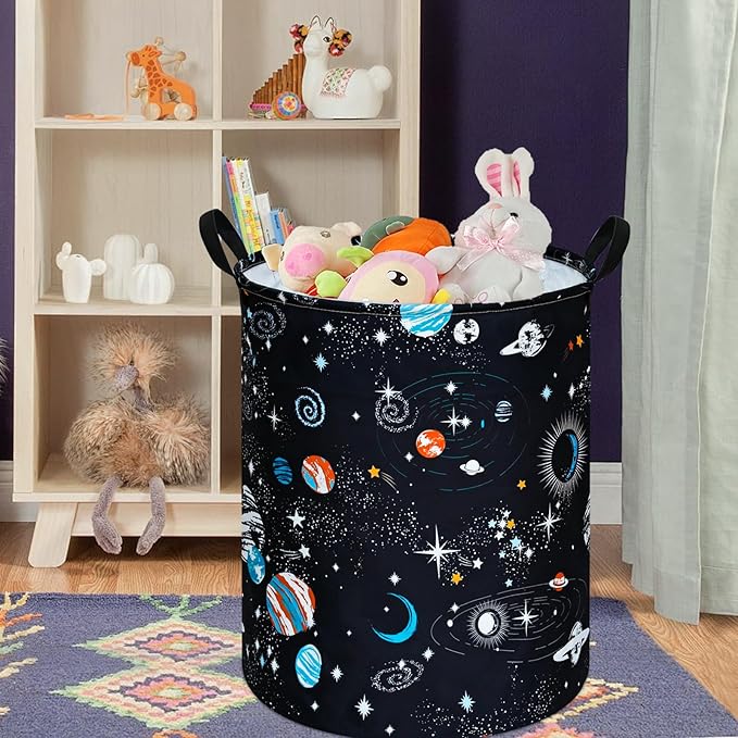 Kids Laundry Hamper Storage Basket Laundry Organizer Hamper Storage Bins Clothes Box Nursery Hamper Gift Basket with Handles (Black planet)