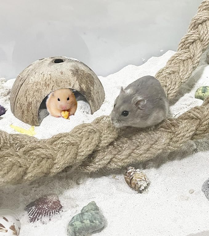 2PCS Hermit Crab Accessories，25.9inx1.58in Reptile Climbing Rope，Natural Coconut Reptile Hideouts，Ermit Crab, Hamster, Chameleon, Tree Frog, Lizard, Gecko Habitat Aquarium Decoration