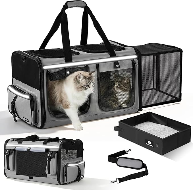 Expandable Extra Large Cat Carrier for 2 Cats, Double Cat Travel Carrier Bag with Litter Box, Foldable Breathable Soft Sided Pet Dog Carrier with Divider for Car Travel, Outdoor & Vet Visit