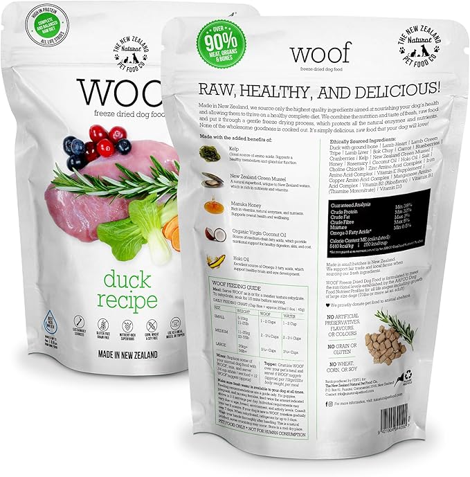 The New Zealand Natural Pet Food Co. WOOF Freeze Dried Dog Food - Duck Recipe, High Protein Dog Food, Natural Dog Treats, Toppers & Meals, 2.2 lb