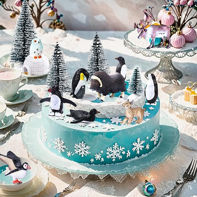 SIENON 60Pcs Arctic Animal Toy Set, Mini Winter Animal Figures with Polar Bear, Penguin, Caribou, Puffin, Lynx, Igloo, Pine Trees, Fake Ice Rocks for School Project Christmas Birthday Cake Decorations