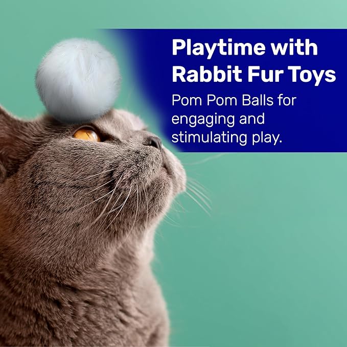 Kats'N Us 2 Inch Real Rabbit Fur Pom Pom Cat Toys - Pack of 5 Soft White Furry Balls, Natural Prey-Like Interactive Play, Hunting Instinct Exercise & Training Toys for Indoor Cats