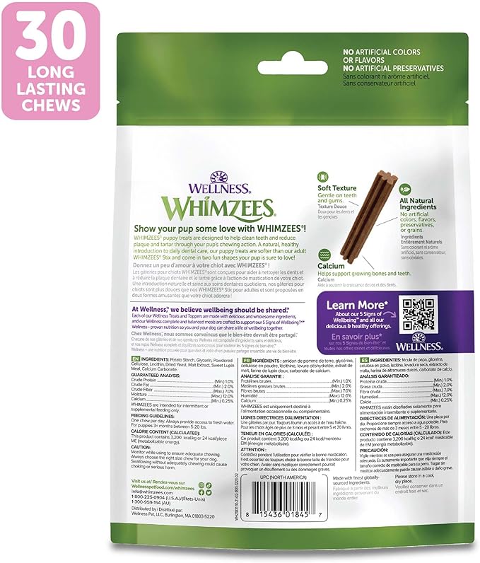 Wellness WHIMZEES Puppy Dog Dental Treat, Chews, Freshens Breath, Extra-Small/Small Size, 7.9 oz Bag, 30 Count