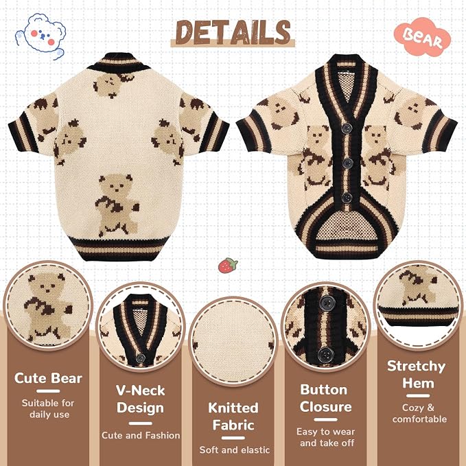 ABRRLO Small Dog Sweaters Cute Bear Dog Cardigans Clothes for Small Medium Dogs Boy Girl Puppy Cat Knitting Cardigan Outfits Dogs Autumn Coats Warm Pet Doggy Clothes Soft Knitwear Apparel (Beige,M)