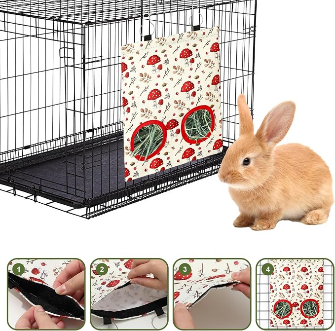 JarThenaAMCS 2 Pcs Rabbit Hay Feeder Bag with 2 Holes Mushroom Guinea Pig Hanging Hay Feeding Bag Red Storage Dispenser for Chinchilla Hamster Bunny Small Animal Pet, 11.5 x 9 Inch