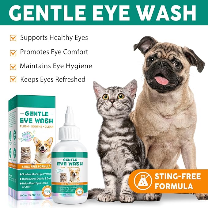 Eye Drops for Dogs and Cats - Safe to Lick, Itchy Eyes Relief & Redness Reduction, Non-Antibiotic Daily Care for Tear Stain Removal, Pet Eye Wash Vet-Formulated with Oat Glucan, 3.38 oz