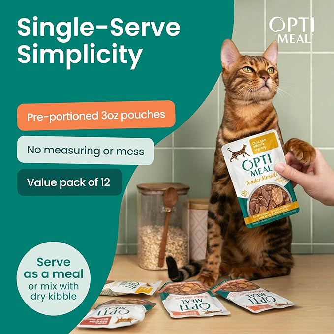 Optimeal Wet Cat Food Variety Pack - Savory Protein Selection, Grain Free Tender Morsels, High Protein Premium Nutrition Made with Natural European Ingredients, Adult Cat Pouches 3oz (Pack of 12)