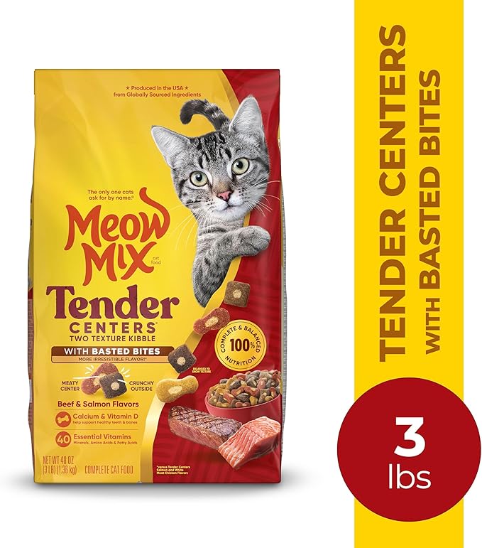 Meow Mix Tender Centers with Basted Bites, Beef & Salmon Flavors, Dry Cat Food, 3 lb. Bag