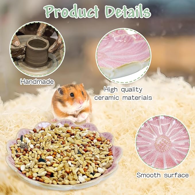 BNOSDM Shallow Ceramic Hamster Food Dish 2 Pcs Small Animals Food Bowl Sunflower Feeding Dishes for Gerbils Mice Rats 4.5in (Pink)