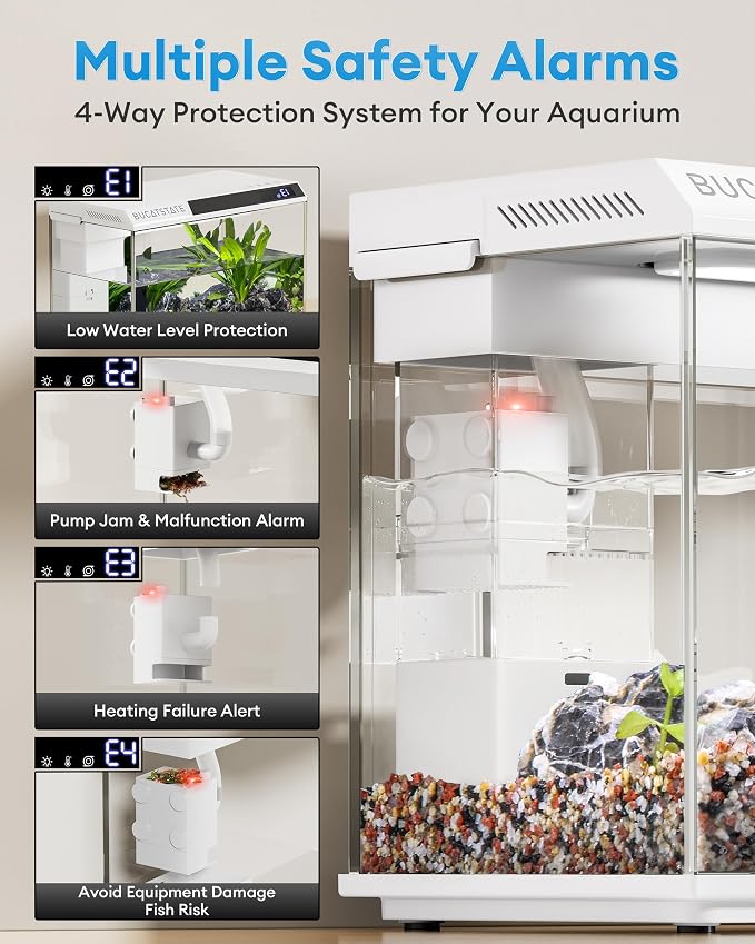 BUCATSTATE 2.6 Gallon Fish Tank, 3 Stage Filtration with Independent Waste Compartment Aquarium, Quiet 3 in 1 Pump, Real-Time Temp Display, 8-Mode LED Light Fish Tank (White)