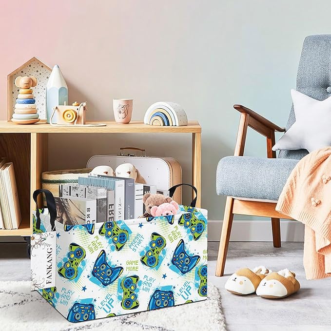 Storage Bins,Nursery Hamper Canvas Laundry Basket Foldable with Waterproof PE Coating Storage Baskets for Boys and Girls, Office, Bedroom, Clothes,Toys(Rec-Game ）