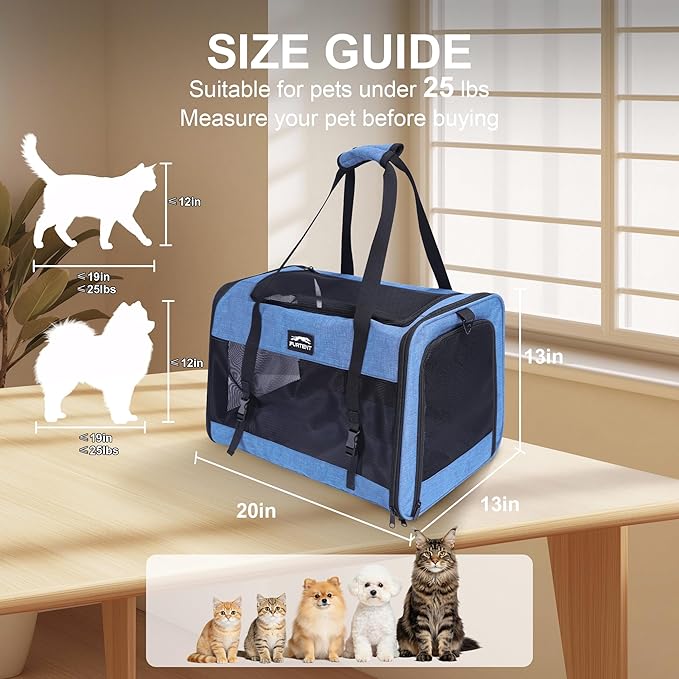 Soft Sided Cat Carrier for Large Cats, Pet Carrier for 2 Cats or Small Dogs Up to 25Lbs, Large Cat Carrier with Shoulder Strap, Cat Car Carrier with Safety Buckle & Cushion, 20x13x13 inches, Blue