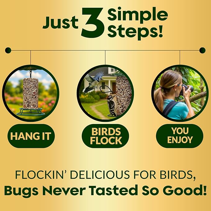 Bugs, Nuts & Berries Bird Seed Cylinders with Hole – Wild Bird Food for Blue Birds, Woodpeckers, Cardinals & More – Premium Protein-Rich Blend, No Fillers – USA Made (4" x 7.75") 2 Pack
