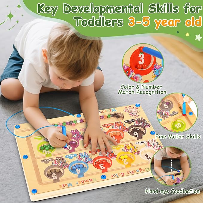 2 in 1 Double Side Magnetic Color & Number Maze, Alphabet Board Aged 1-3 Unicorn Toys, Montessori Magnet Puzzle Learning Counting Matching Gifts for Toddlers Kids Girls Boys 3 4 5 Birthday Gifts Toys