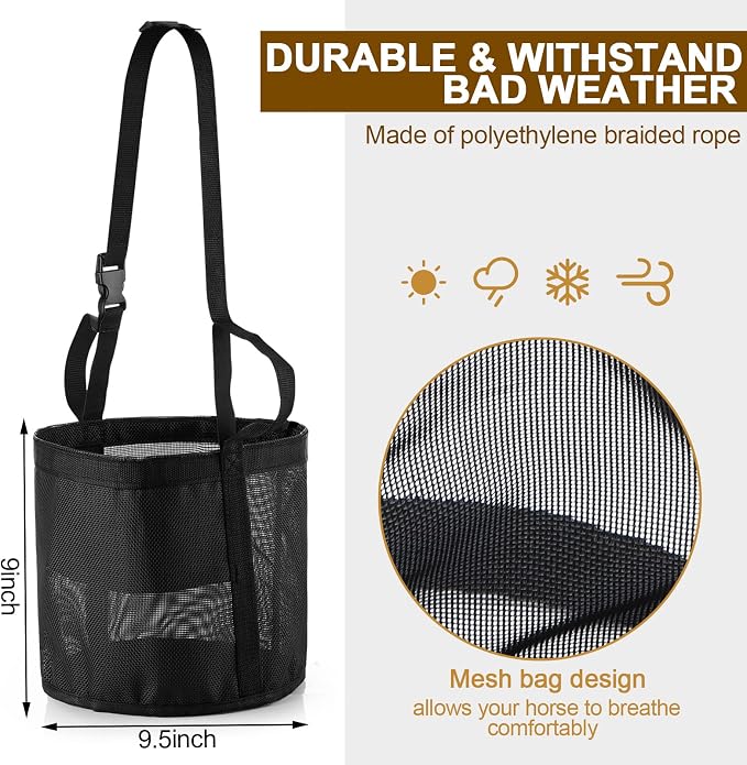 Sumind 2 Pcs Feed Horses Bag for Grain Hay Bags Heavy Duty Mesh Horse Feeder with Adjustable Strap Comfort Neck Pad Nose Pad and Waterproof Bottom Muzzle(Black)