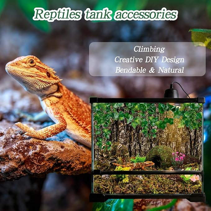 8 Pcs Reptile Hides and Caves Leopard Gecko Tank Accessories Bendable Moss Vine for Reptiles Fake Leaves Potted Plants for Terrarium Vivarium Hide