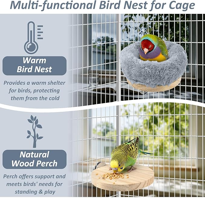 DBNESS Small Bird Nest for Cage, Removable Plush Parrot Hammock Warm Resting Perch Platform for Budgies Cockatiel Conure Parakeet Hamster Washable Breeding Sleeping Lay Eggs Nesting (Grey, S)