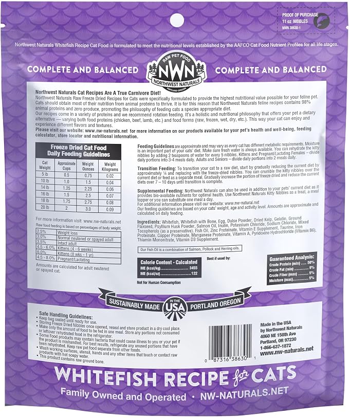 Northwest Naturals Freeze-Dried Whitefish Cat & Kitten Food – Bite-Sized Nibbles, Healthy, Limited, Human-Grade Ingredients, All-Natural, High-Protein Raw Diet, Complete & Balanced, Grain-Free – 11 oz